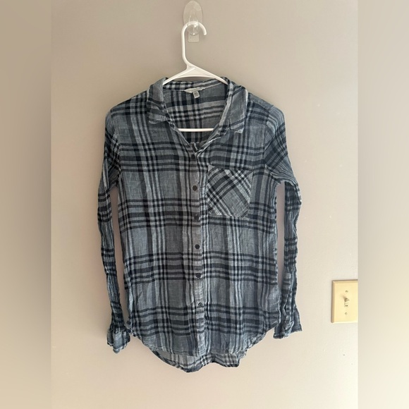 Lucky Brand Striped Button Up Plaid Shirt Womens SZ SP Blue Gauze 100% Cotton - Picture 1 of 8